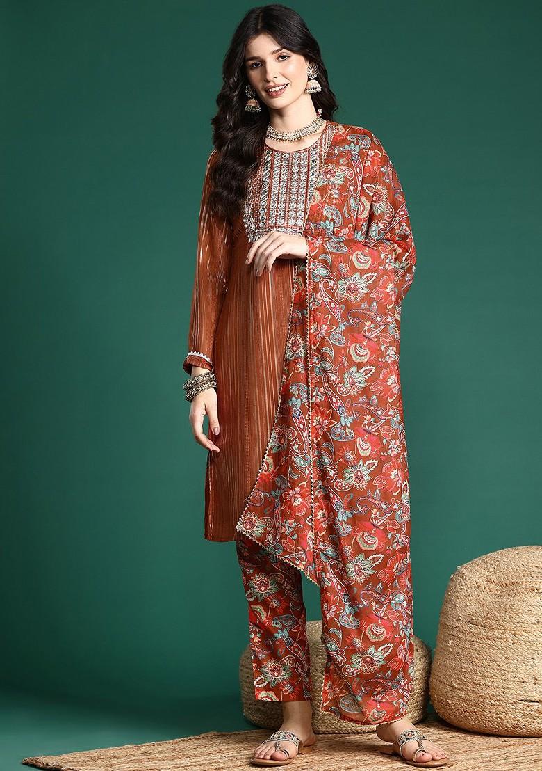 Rust Embroidered Blended Kurta Set - Indya