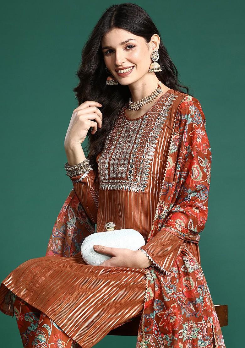 Rust Embroidered Blended Kurta Set - Indya