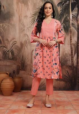 Peach Embroidered Blended Kurta Set