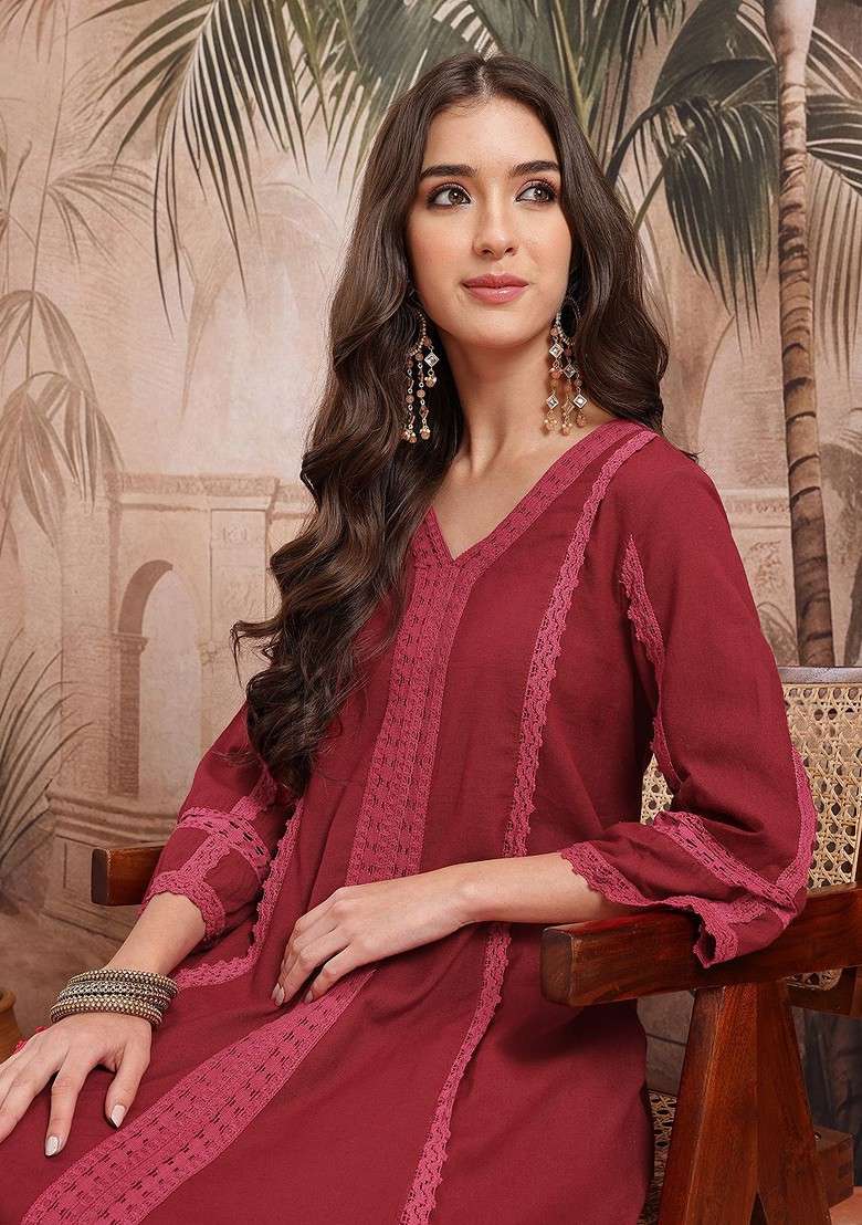 Red Solid Blended Kurta Set - Indya