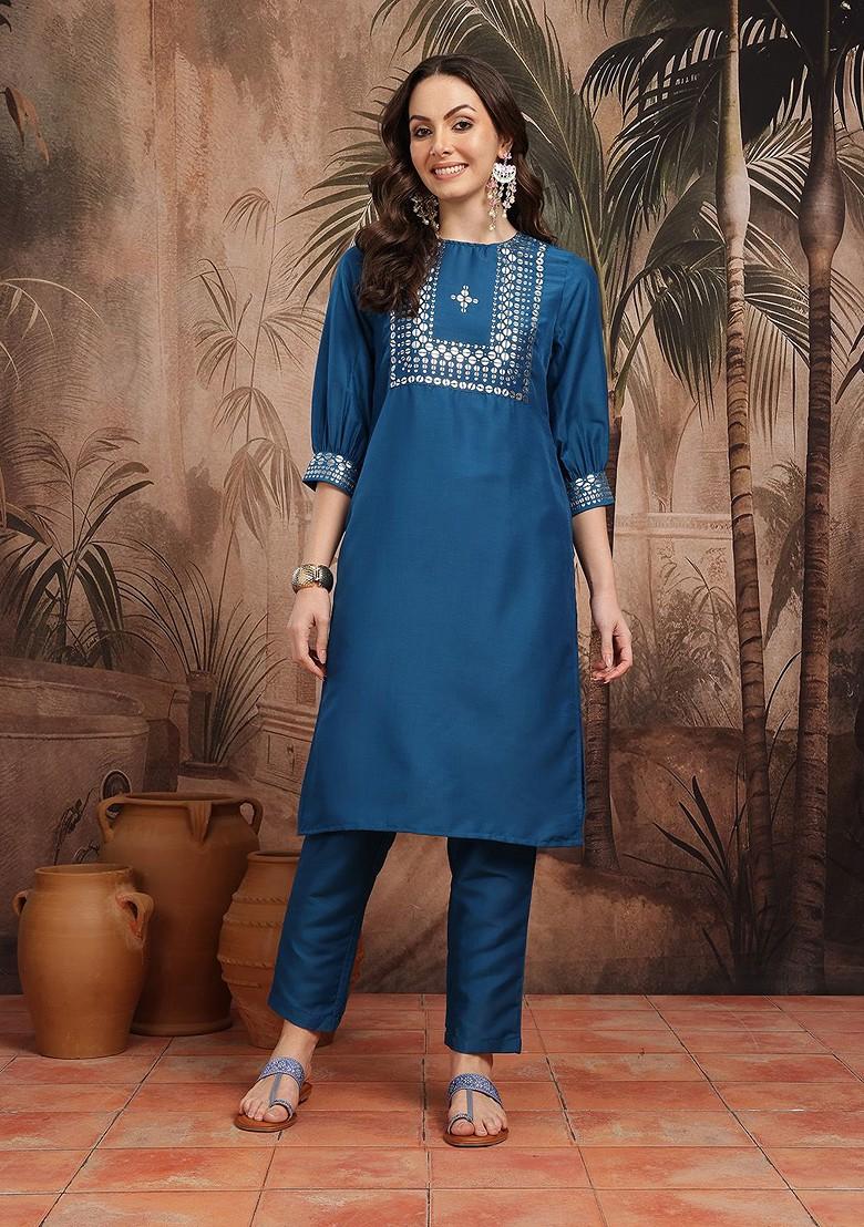 Blue Yoke Design Blended Kurta Set - Indya