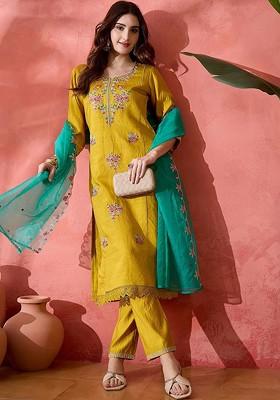 Yellow Embroidered Blended Kurta Set