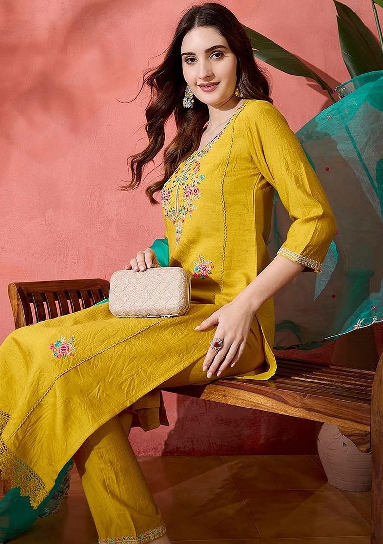 Yellow Embroidered Blended Kurta Set - Indya