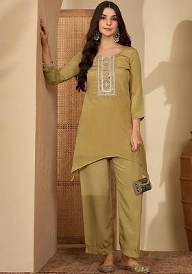 Olive Embroidered Blended Kurta Set