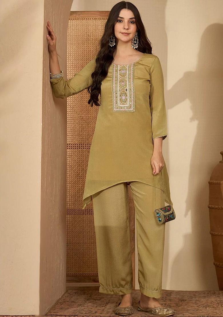 Olive Embroidered Blended Kurta Set - Indya