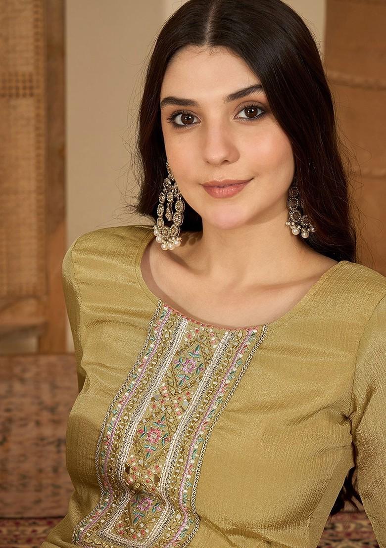 Olive Embroidered Blended Kurta Set - Indya