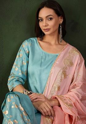 Blue Woven Design Blended Kurta Set