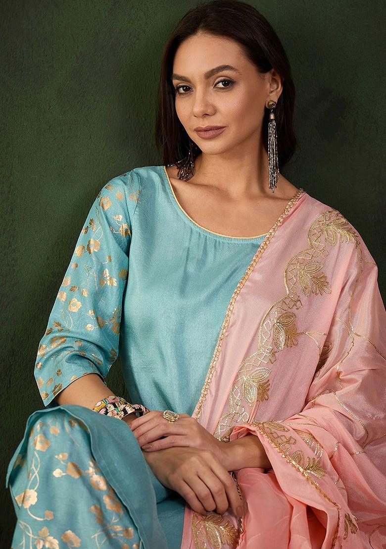 Blue Woven Design Blended Kurta Set - Indya