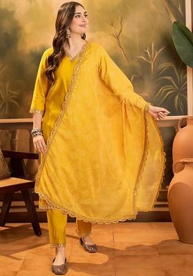 Yellow Sequinned Blended Kurta Set