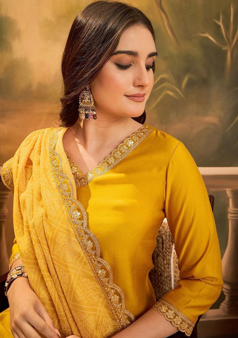 Yellow Sequinned Blended Kurta Set - Indya