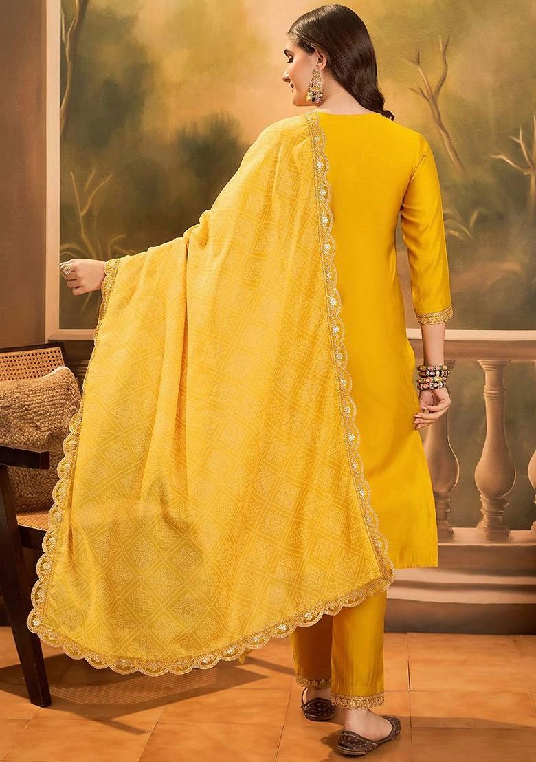 Yellow Sequinned Blended Kurta Set - Indya