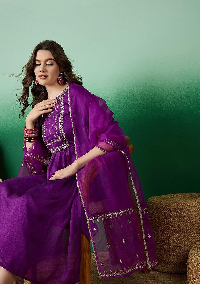 Purple Solid Blended Kurta Set - Indya