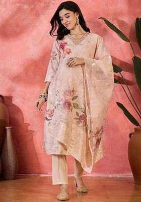 Peach Printed Blended Kurta Set