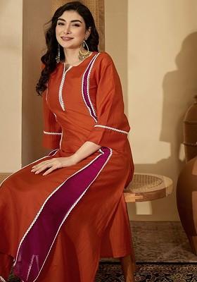 Orange Embroidered Blended Kurta Set