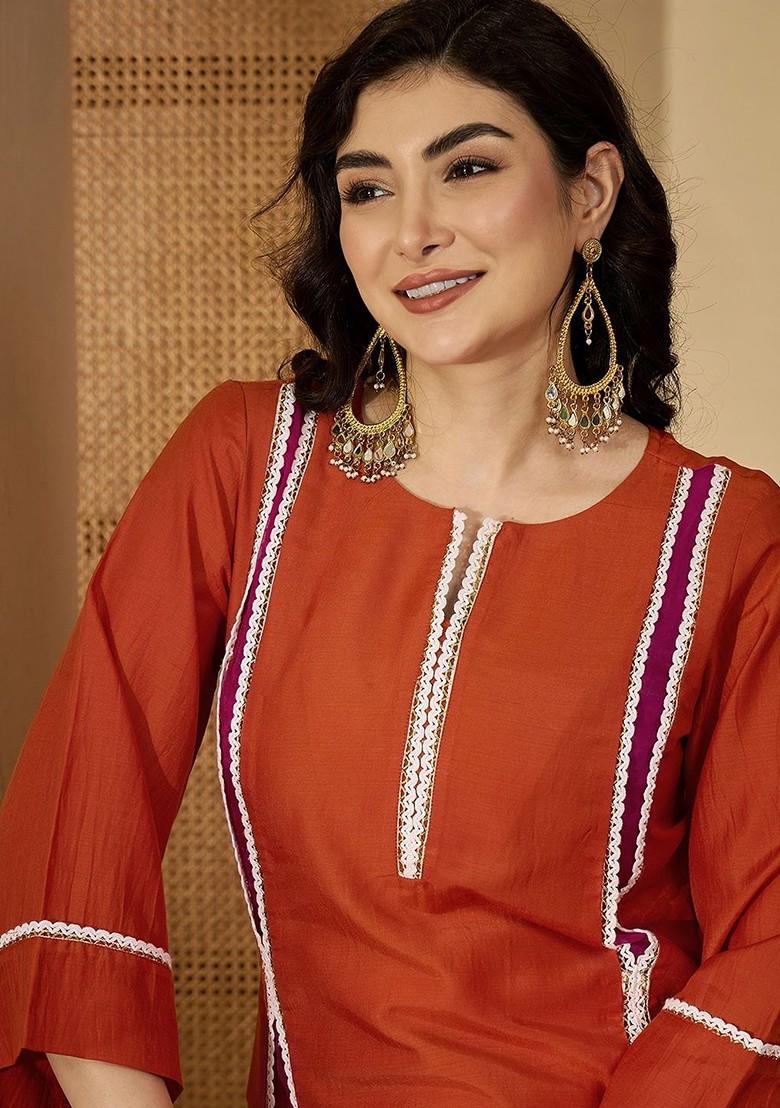 Orange Embroidered Blended Kurta Set - Indya