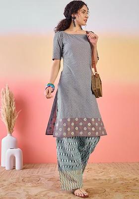 Grey Printed Blended Kurta Set