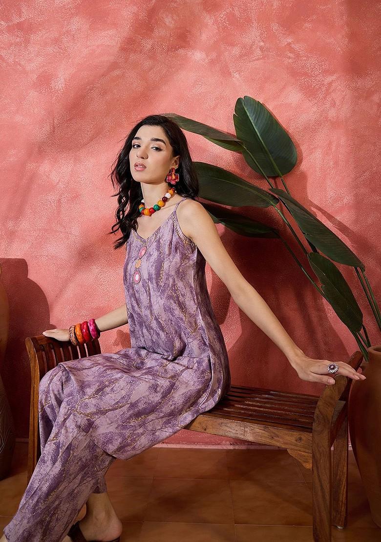 Purple Printed Blended Kurta Set - Indya