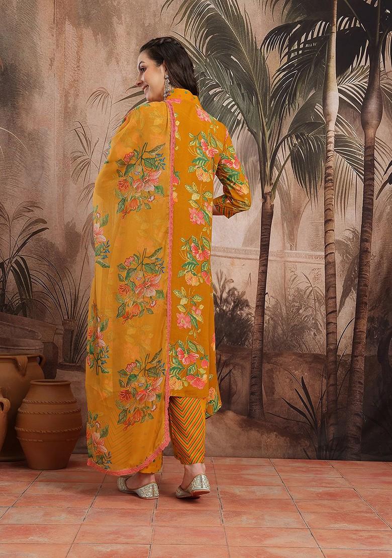 Mustard Printed Blended Kurta Set - Indya