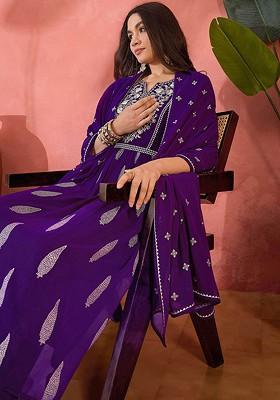 Purple Printed Blended Kurta Set