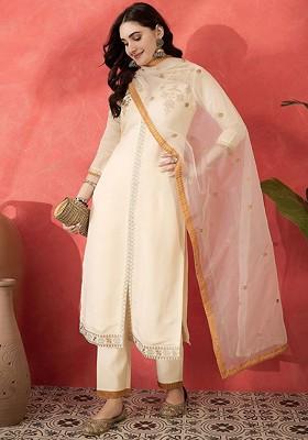 Off White Sequinned Blended Kurta Set