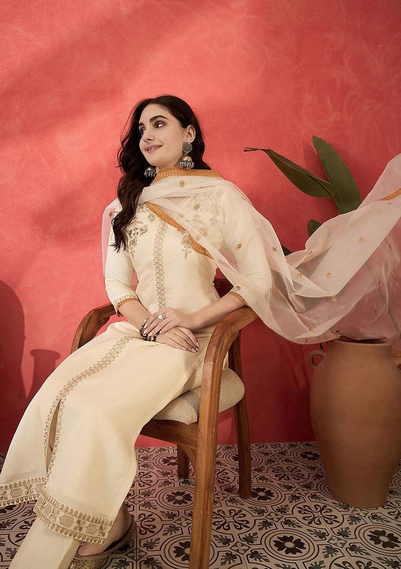 Off White Sequinned Blended Kurta Set - Indya