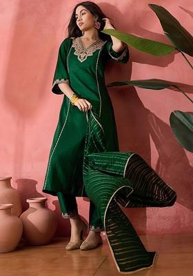 Green Sequinned Blended Kurta Set