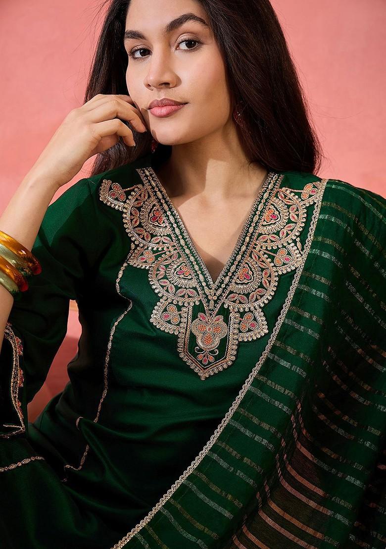 Green Sequinned Blended Kurta Set - Indya