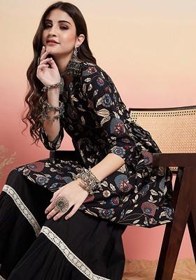 Black Printed Blended Kurta Set