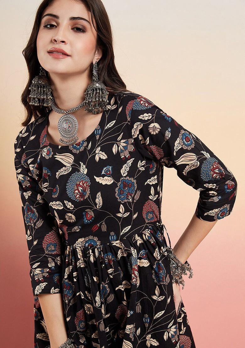 Black Printed Blended Kurta Set - Indya