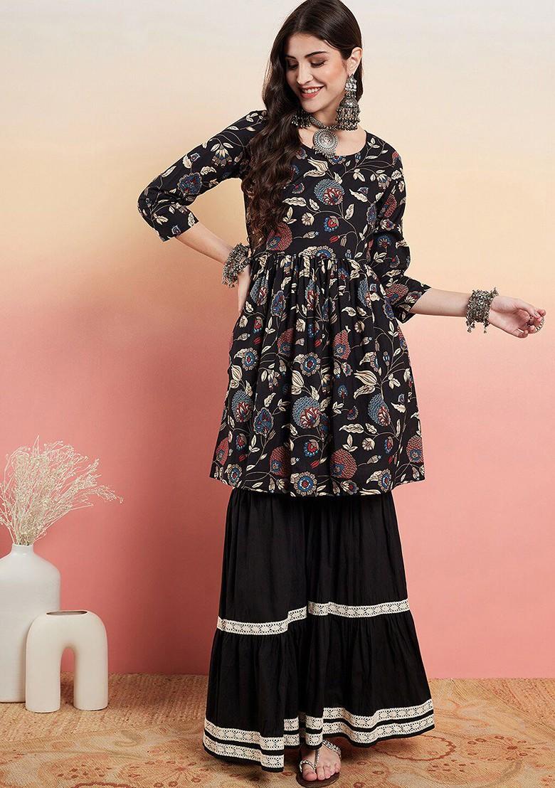 Black Printed Blended Kurta Set - Indya