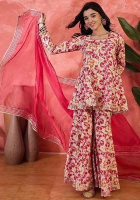 Pink Printed Blended Kurta Set