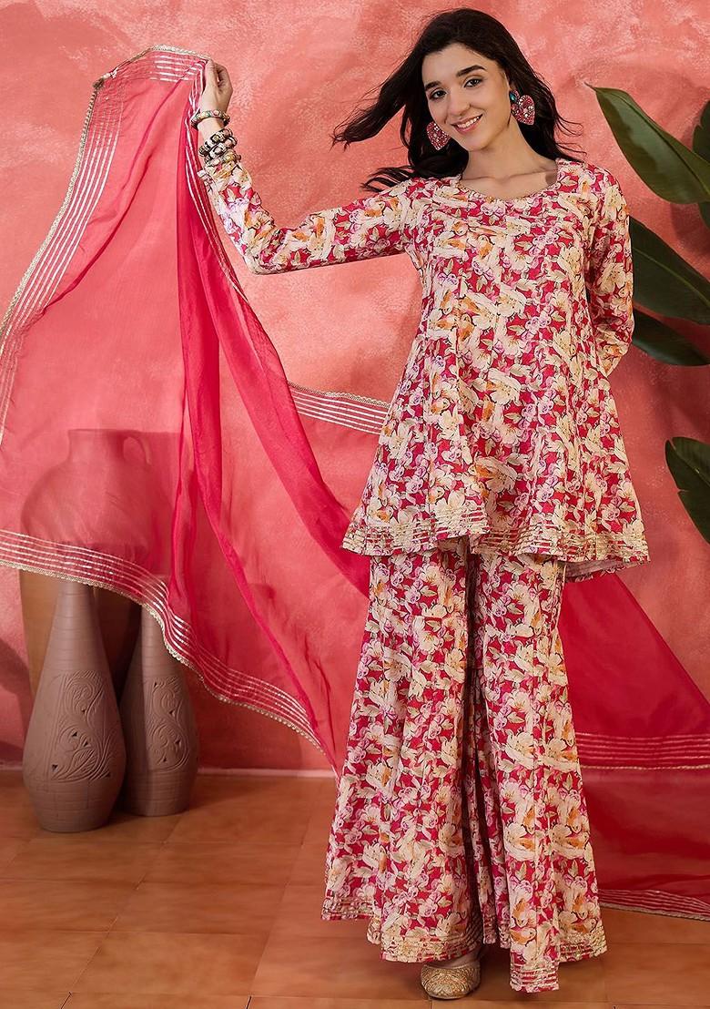Pink Printed Blended Kurta Set - Indya