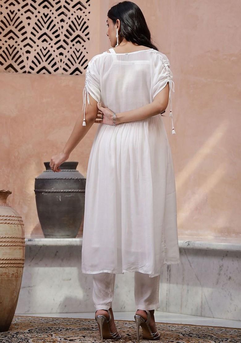 Off White Embroidered Blended Kurta Set - Indya