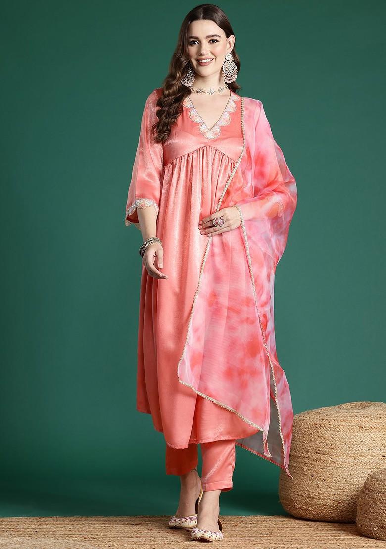 Peach Sequinned Blended Kurta Set - Indya