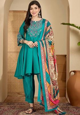 Teal Yoke Design Blended Kurta Set