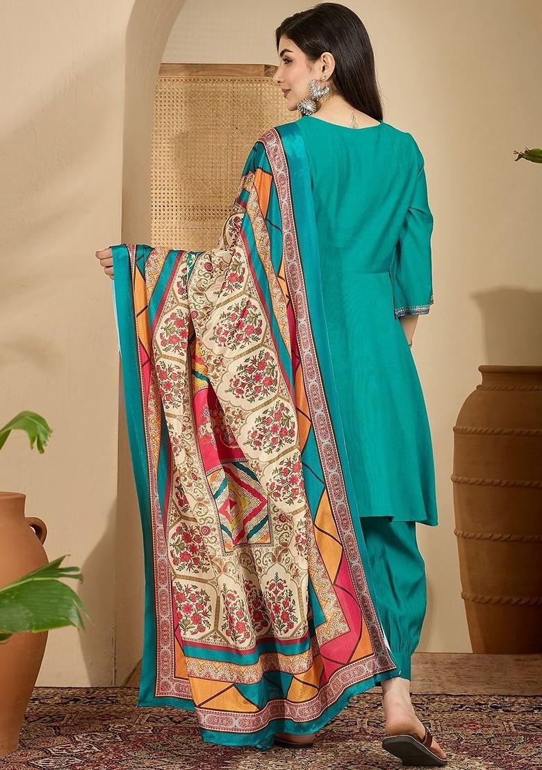 Teal Yoke Design Blended Kurta Set - Indya