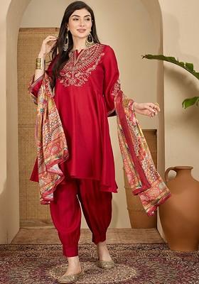 Red Yoke Design Blended Kurta Set