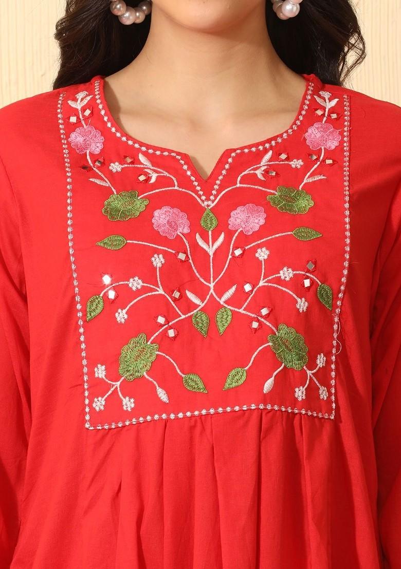 Red Embroidered Blended Kurta Set - Indya