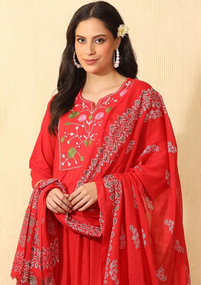 Red Embroidered Blended Kurta Set - Indya