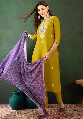 Mustard Embroidered Blended Kurta Set
