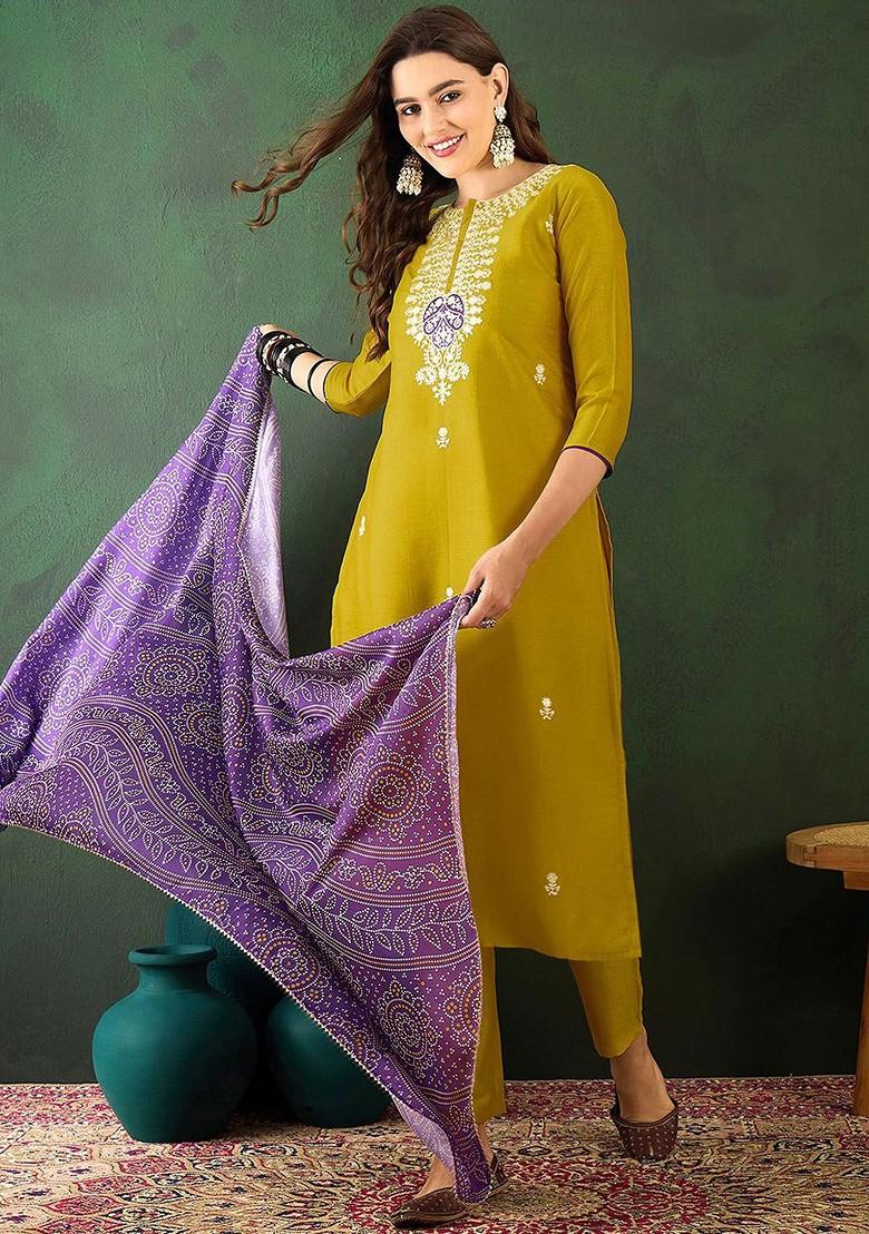 Mustard Embroidered Blended Kurta Set - Indya