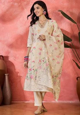 Cream Printed Blended Kurta Set