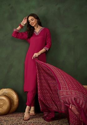 Maroon Thread Work Blended Kurta Set