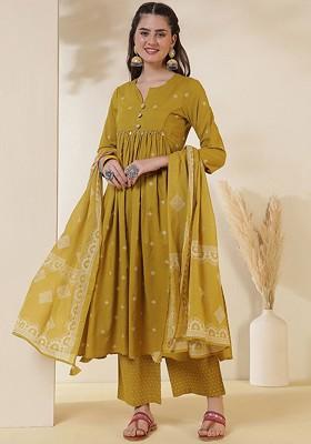 Yellow Printed Blended Kurta Set