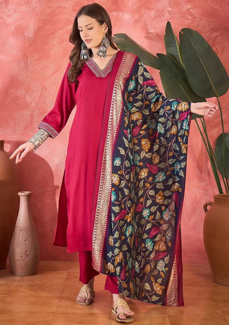 Pink Solid Blended Kurta Set - Indya