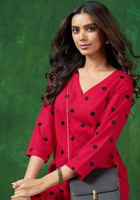 Red Embroidered Blended Kurta Set