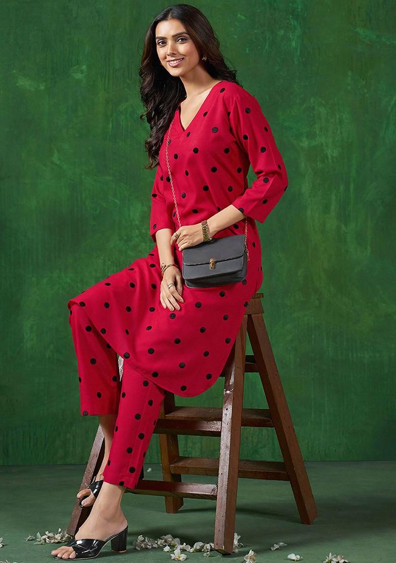 Red Embroidered Blended Kurta Set - Indya