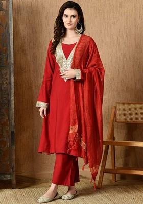 Red Embellished Blended Kurta Set