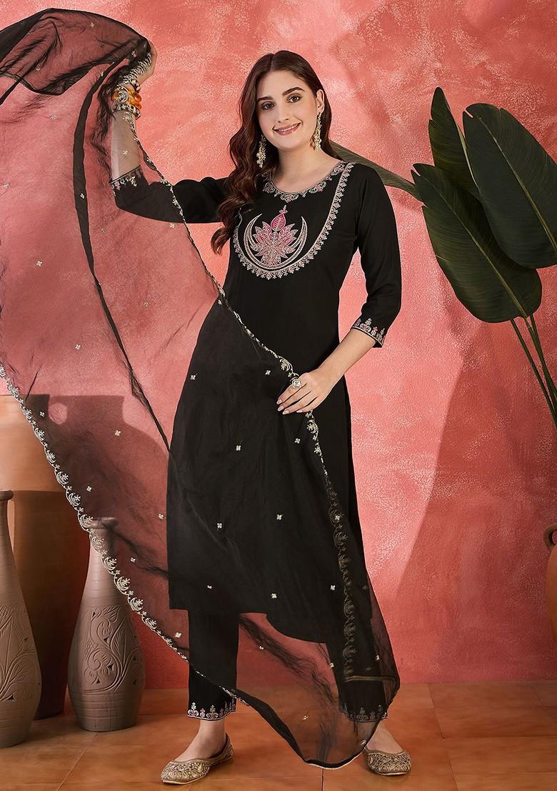 Black Yoke Design Blended Kurta Set - Indya