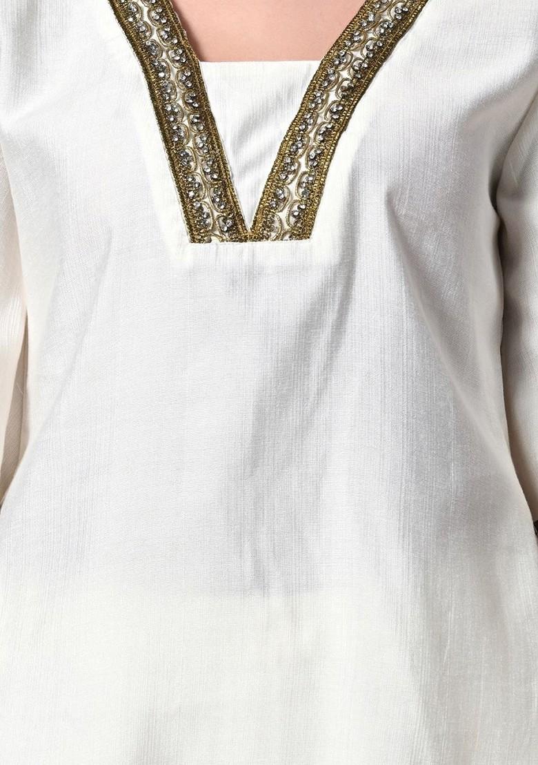 White Solid Blended Kurta Set - Indya